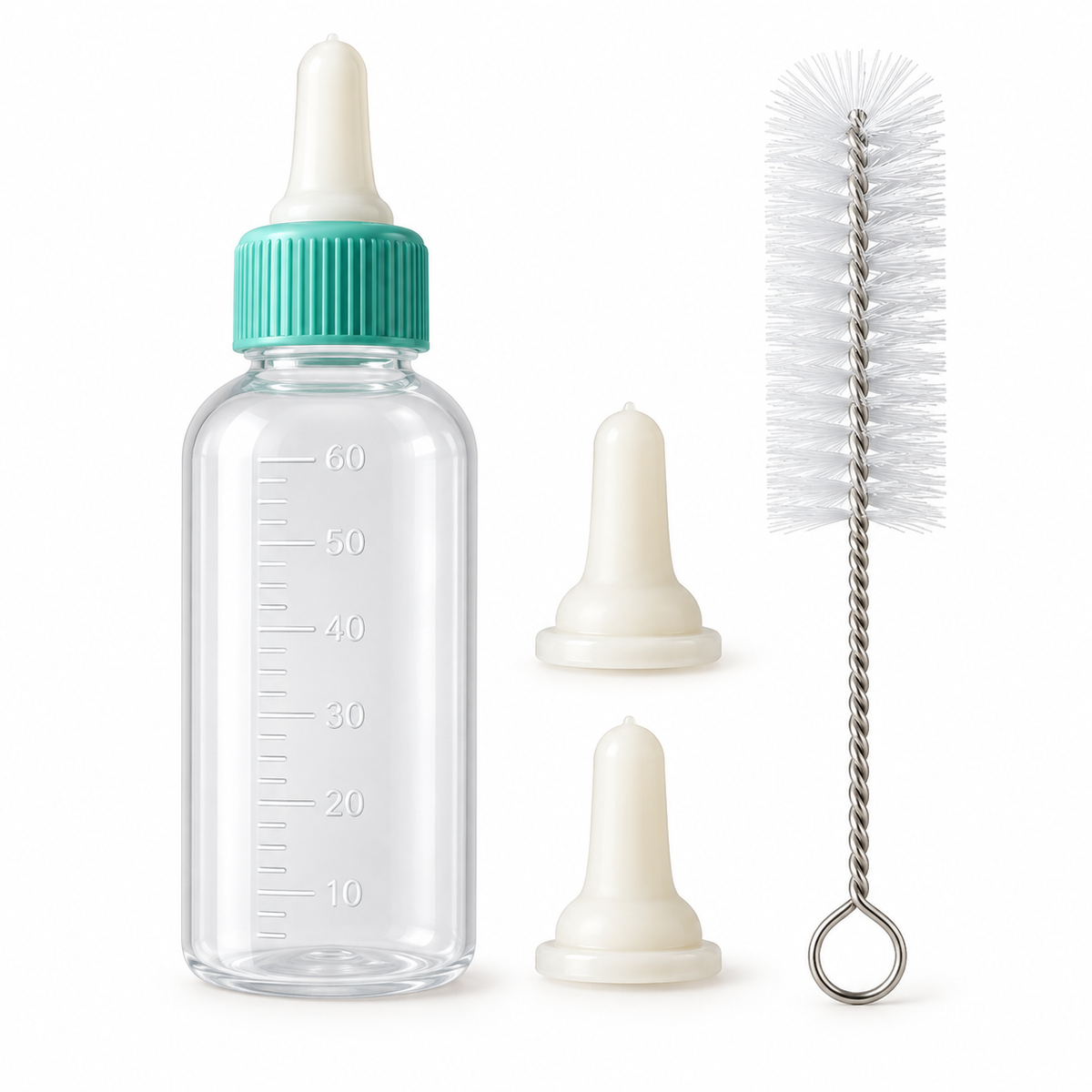 60 ml pet nursing bottle kit with three silicone nipples and cleaning brush
