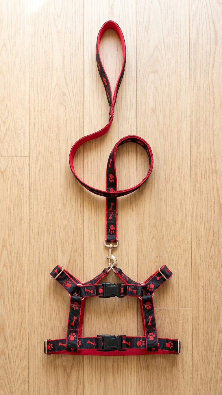 Adjustable Paw & Bone Print Dog Harness and Leash Set