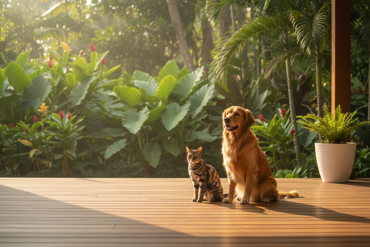 A high-end, clean commercial photograph of a healthy Golden Retriever and a sleek Indie cat sitting together on a modern Sri Lankan teak veranda. Soft morning sunlight, lush tropical garden in the background, 8k resolution, cinematic lighting, warm and premium feel.