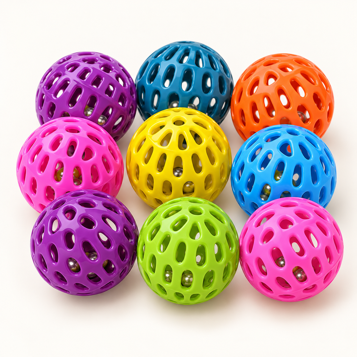 Set of nine colourful hollow rattle ball cat toys