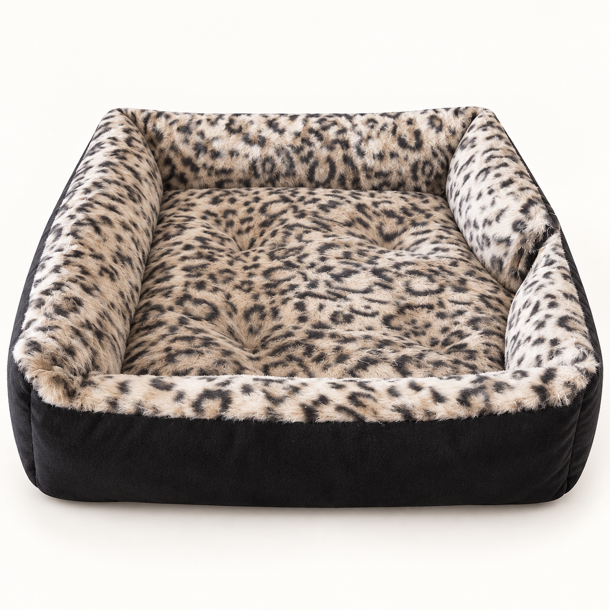 Leopard print plush bolster cat bed with raised cushioned sides and black exterior