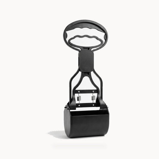 Black long-handle pet waste scooper on a clean white background