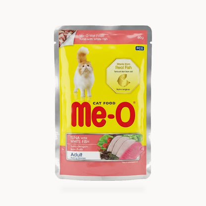 Me-O Tuna with White Fish adult wet cat food 80g pouch on a clean white background