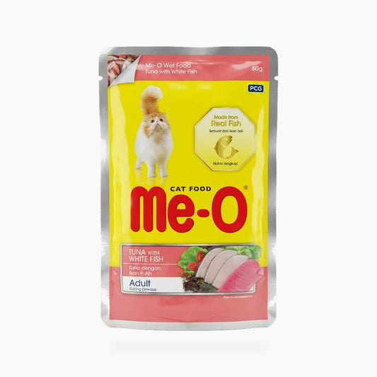 Me-O Tuna with White Fish adult wet cat food 80g pouch on a clean white background