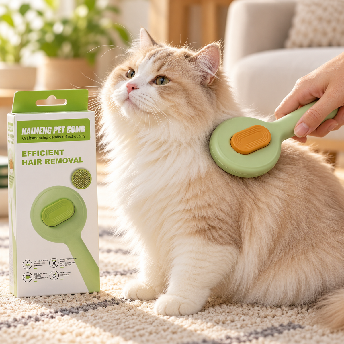 Naimeng self-cleaning pet grooming comb being used on a cat