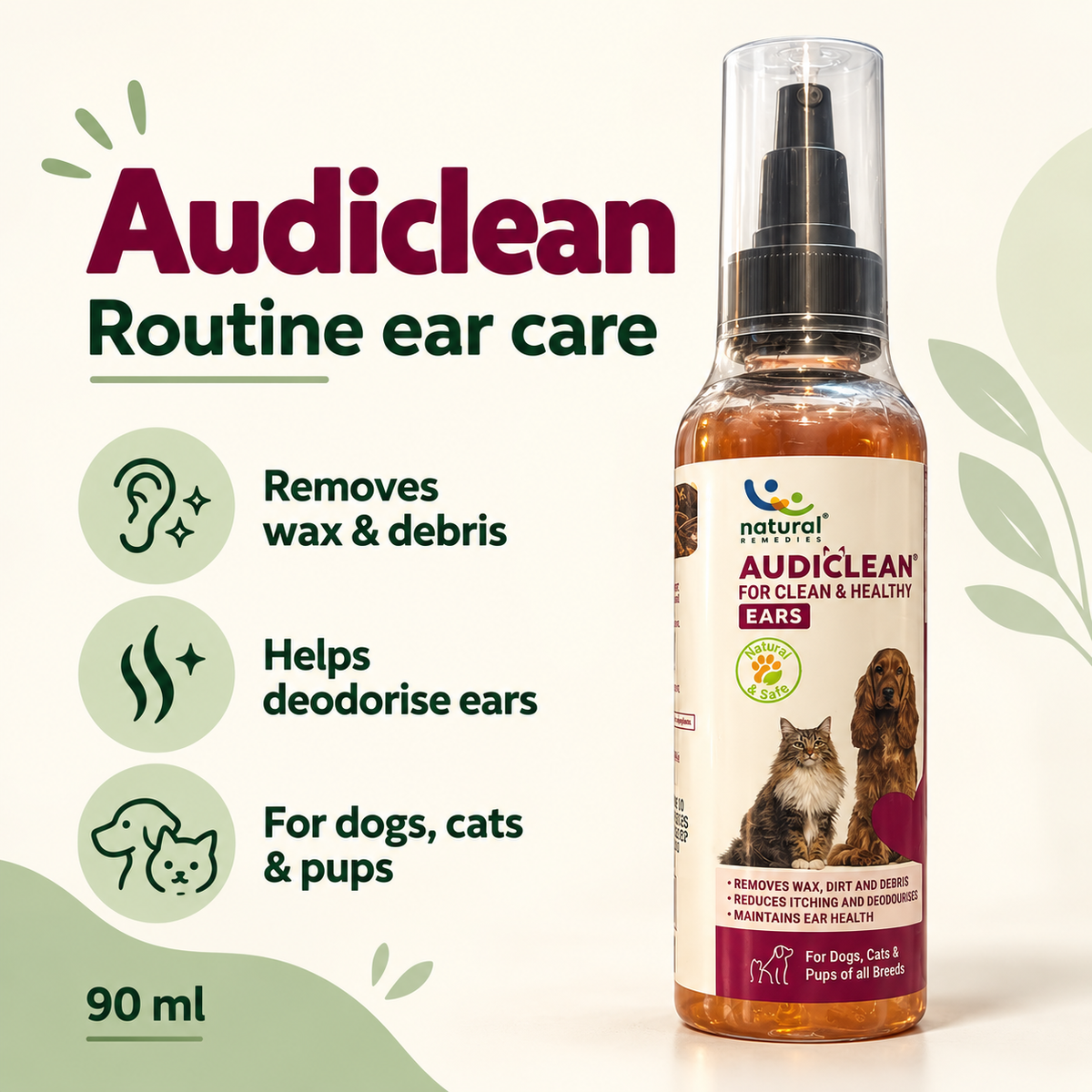 Audiclean 90 ml ear cleaner features: removes wax and debris, helps deodorise ears, for dogs, cats and puppies