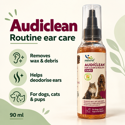 Audiclean 90 ml ear cleaner features: removes wax and debris, helps deodorise ears, for dogs, cats and puppies