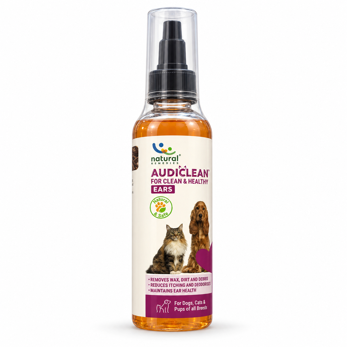 Natural Remedies Audiclean 90 ml ear cleaner pump bottle for dogs and cats on a white background