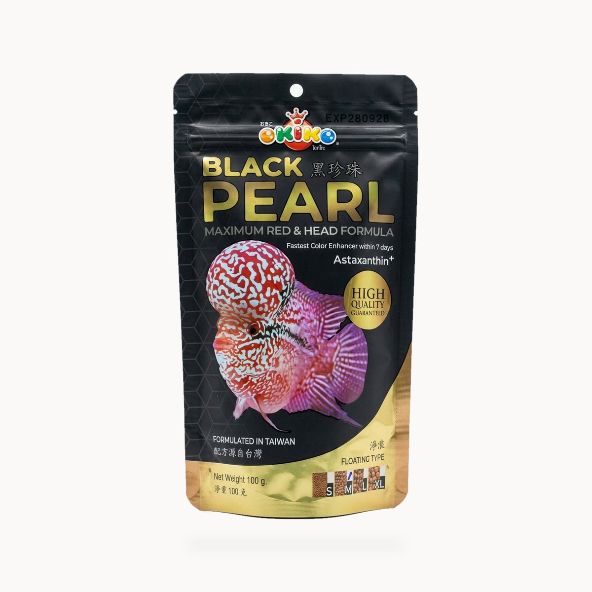 Okiko Black Pearl Flowerhorn Fish Food - Maximum Red & Head Formula - 100g – standardized square product image