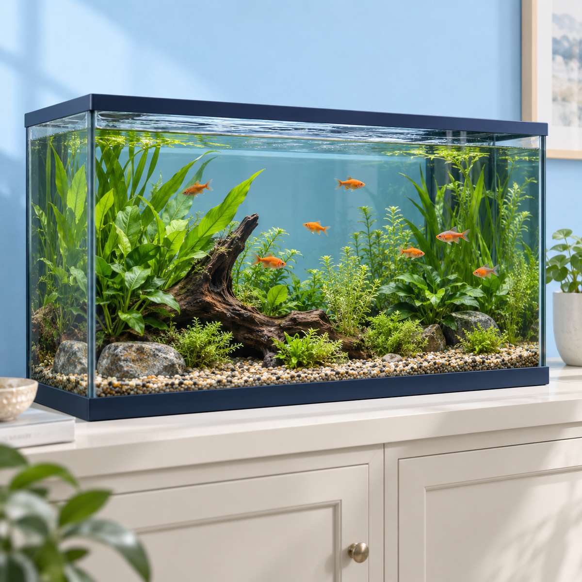 Planted freshwater aquarium with orange fish