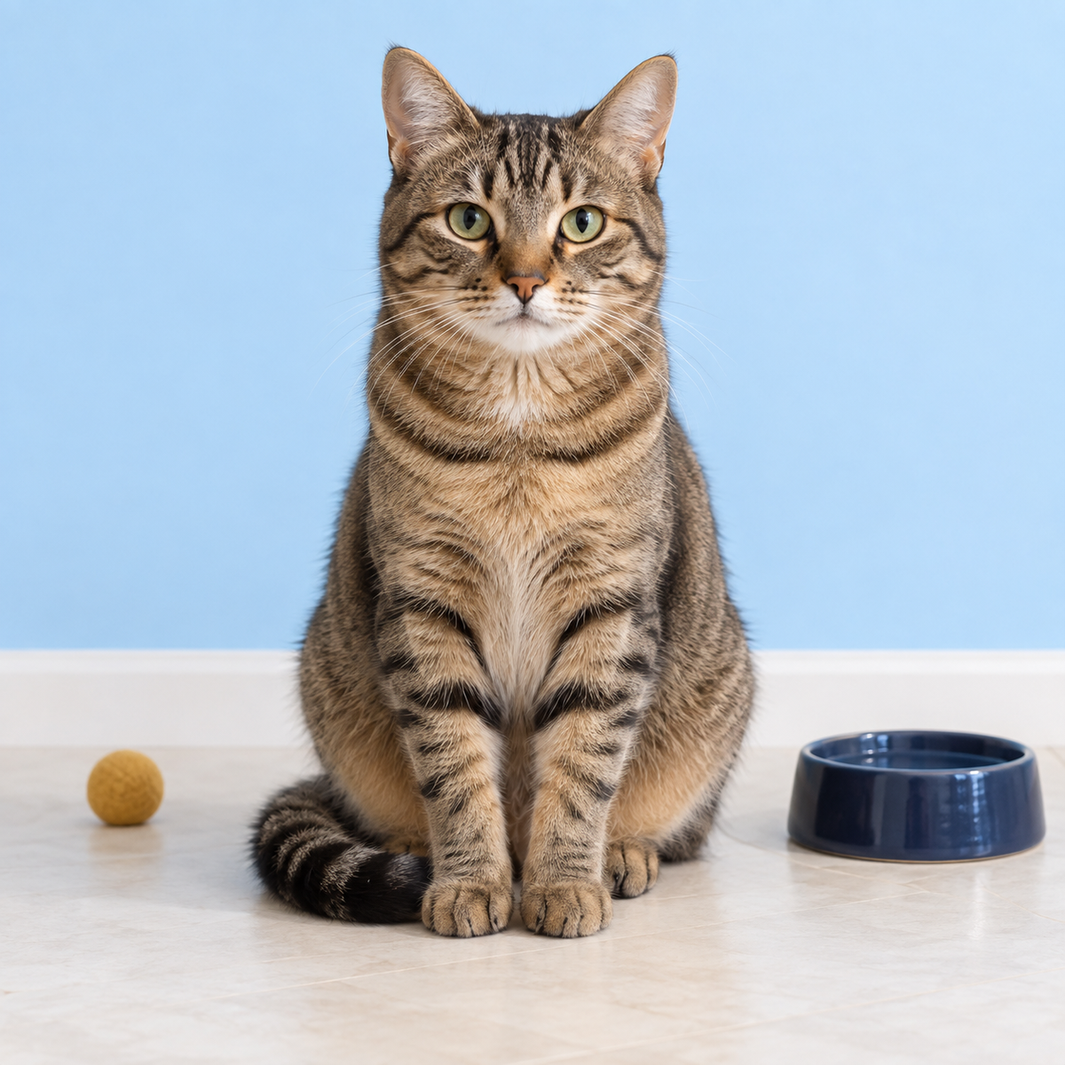 Tabby cat with a navy bowl