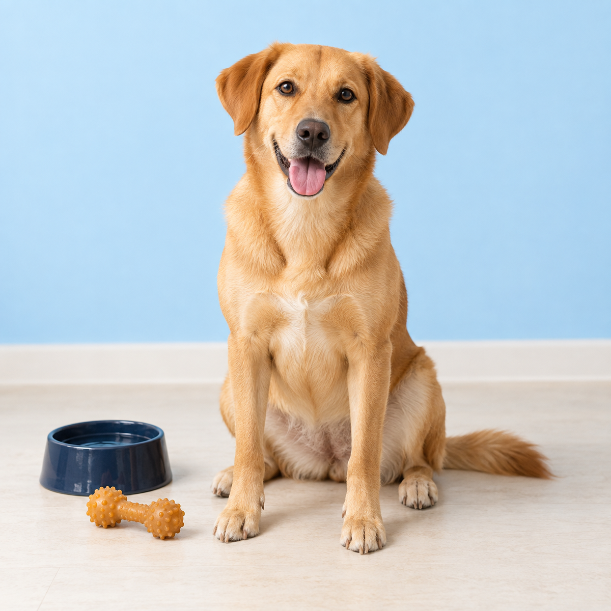 Golden dog with a navy bowl and amber toy