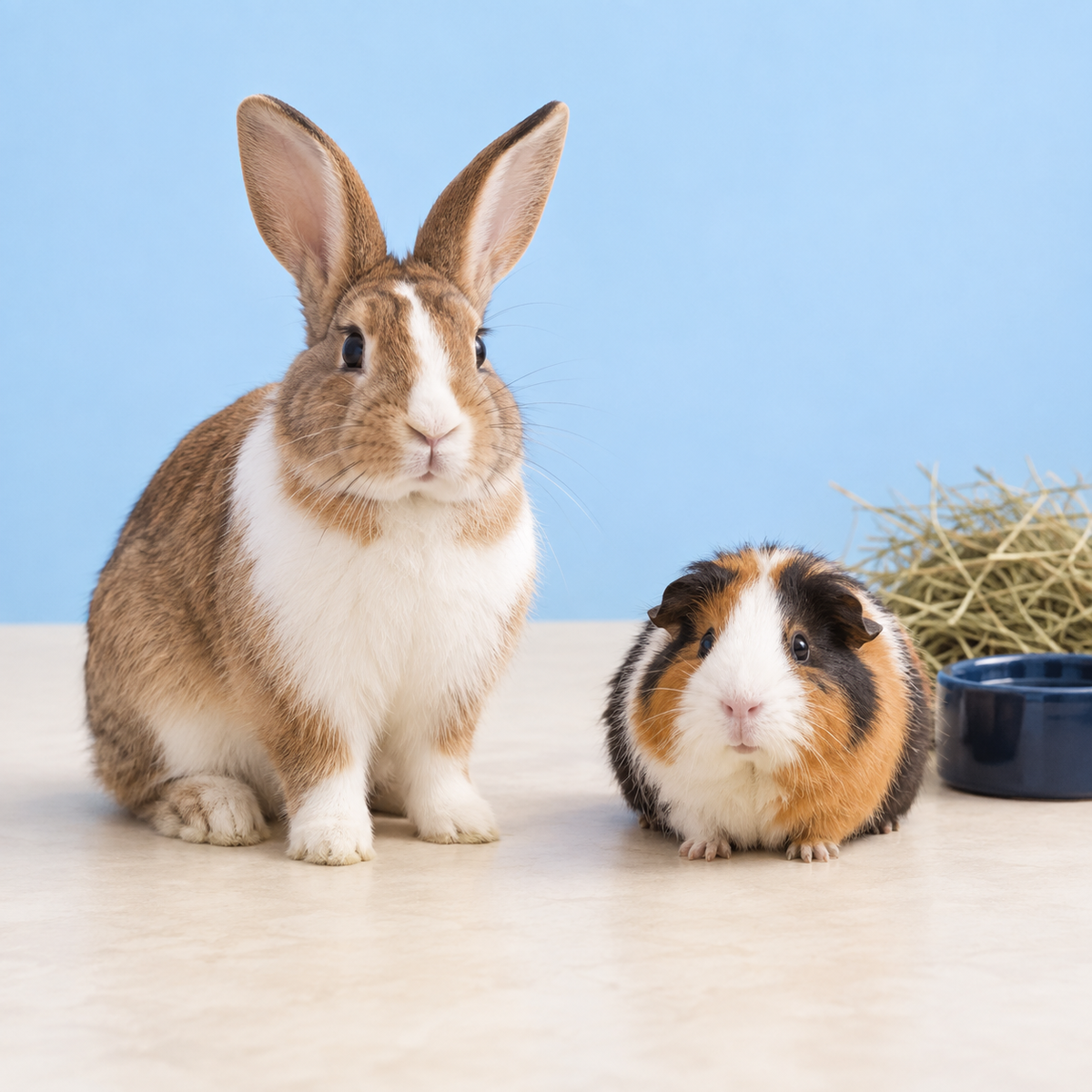 Rabbit and guinea pig beside hay and a navy bowl
