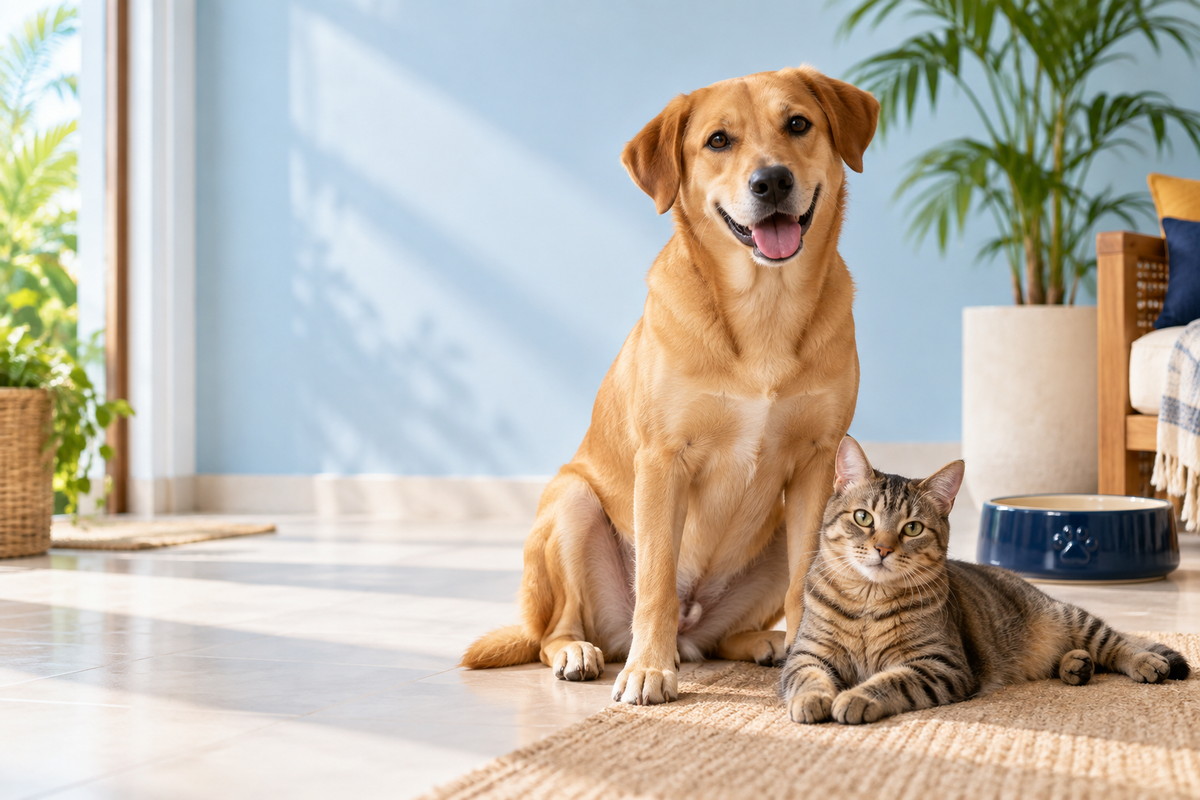 Golden dog and tabby cat in a light blue room