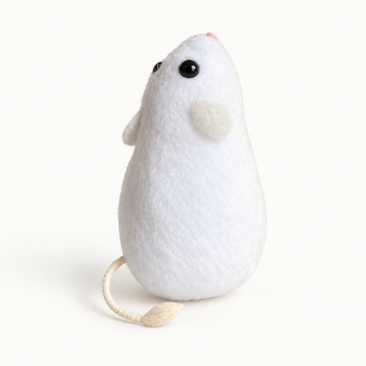 White plush mouse cat toy unwrapped on a clean white background