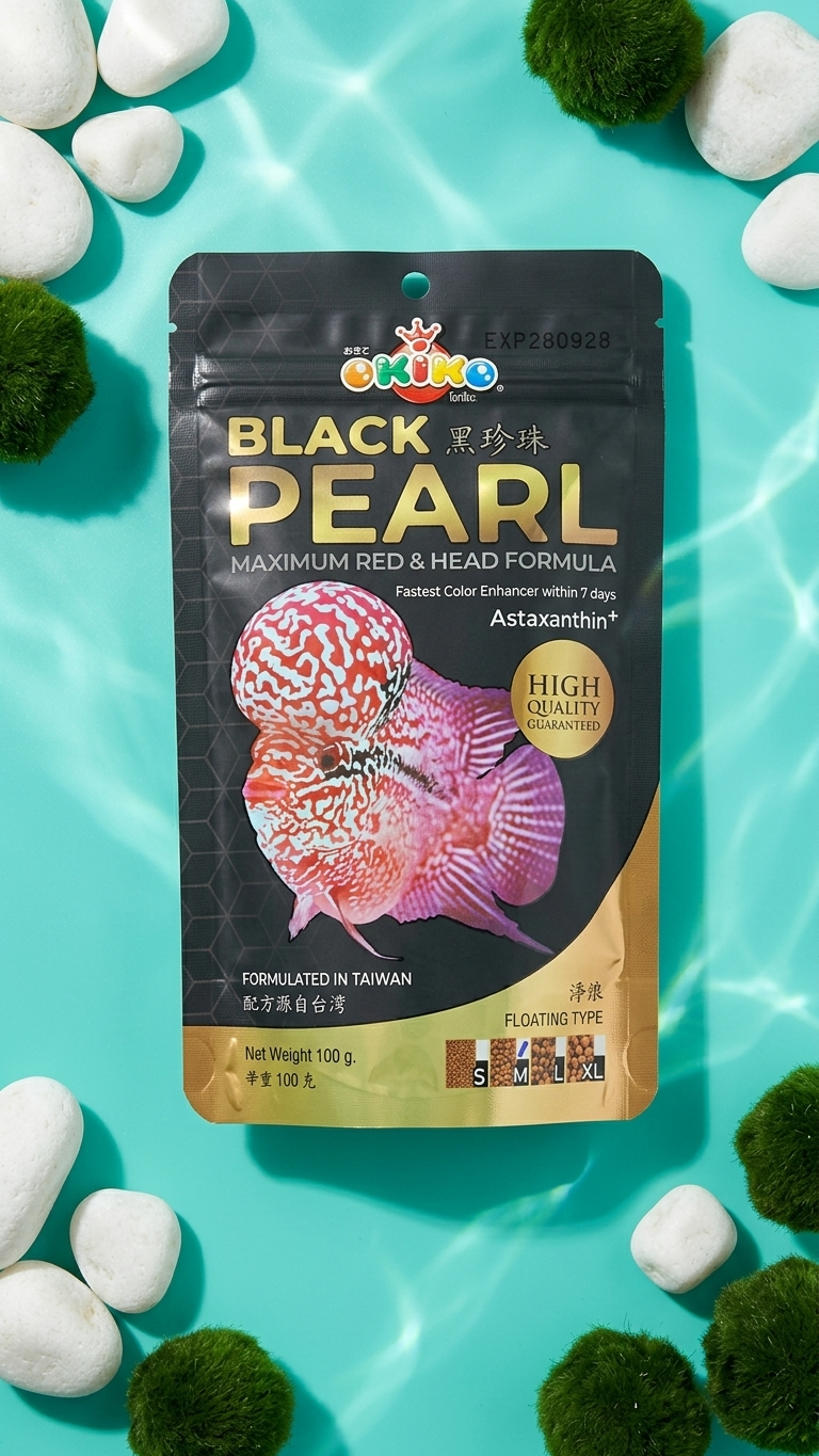 Okiko Black Pearl Flowerhorn Fish Food - Maximum Red & Head Formula - 100g
