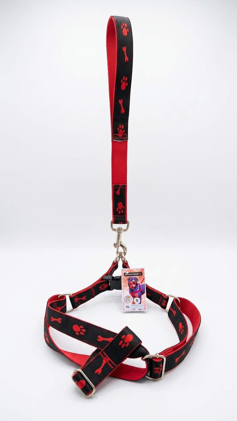 Adjustable Paw & Bone Print Dog Harness and Leash Set