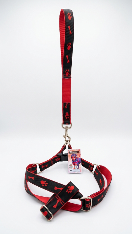 Adjustable Paw & Bone Print Dog Harness and Leash Set