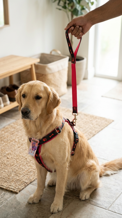 Adjustable Paw & Bone Print Dog Harness and Leash Set