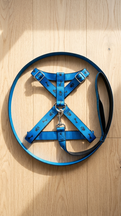 Adjustable Paw & Bone Print Dog Harness and Leash Set