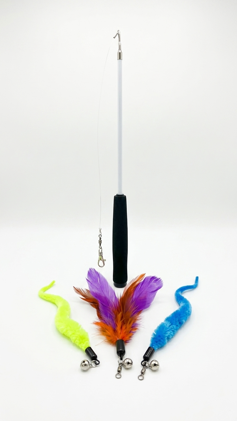 Retractable Cat Wand Toy with 3 Interchangeable Feather & Worm Attachments