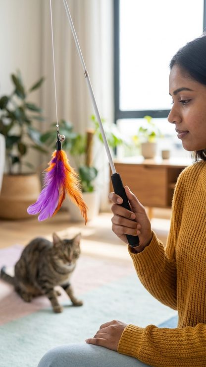 Retractable Cat Wand Toy with 3 Interchangeable Feather & Worm Attachments