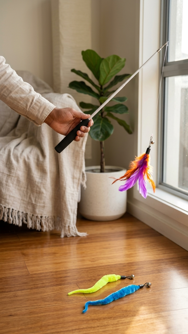 Retractable Cat Wand Toy with 3 Interchangeable Feather & Worm Attachments