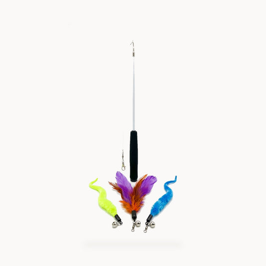 Retractable Cat Wand Toy with 3 Interchangeable Feather & Worm Attachments – standardized square product image