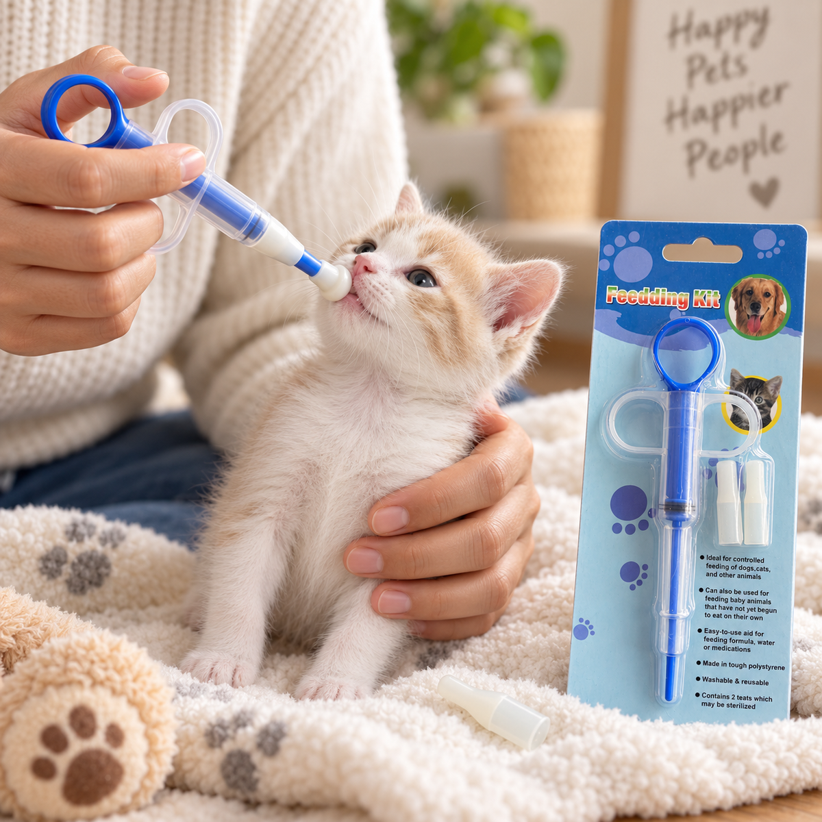 Pet feeding syringe kit being used to feed a kitten