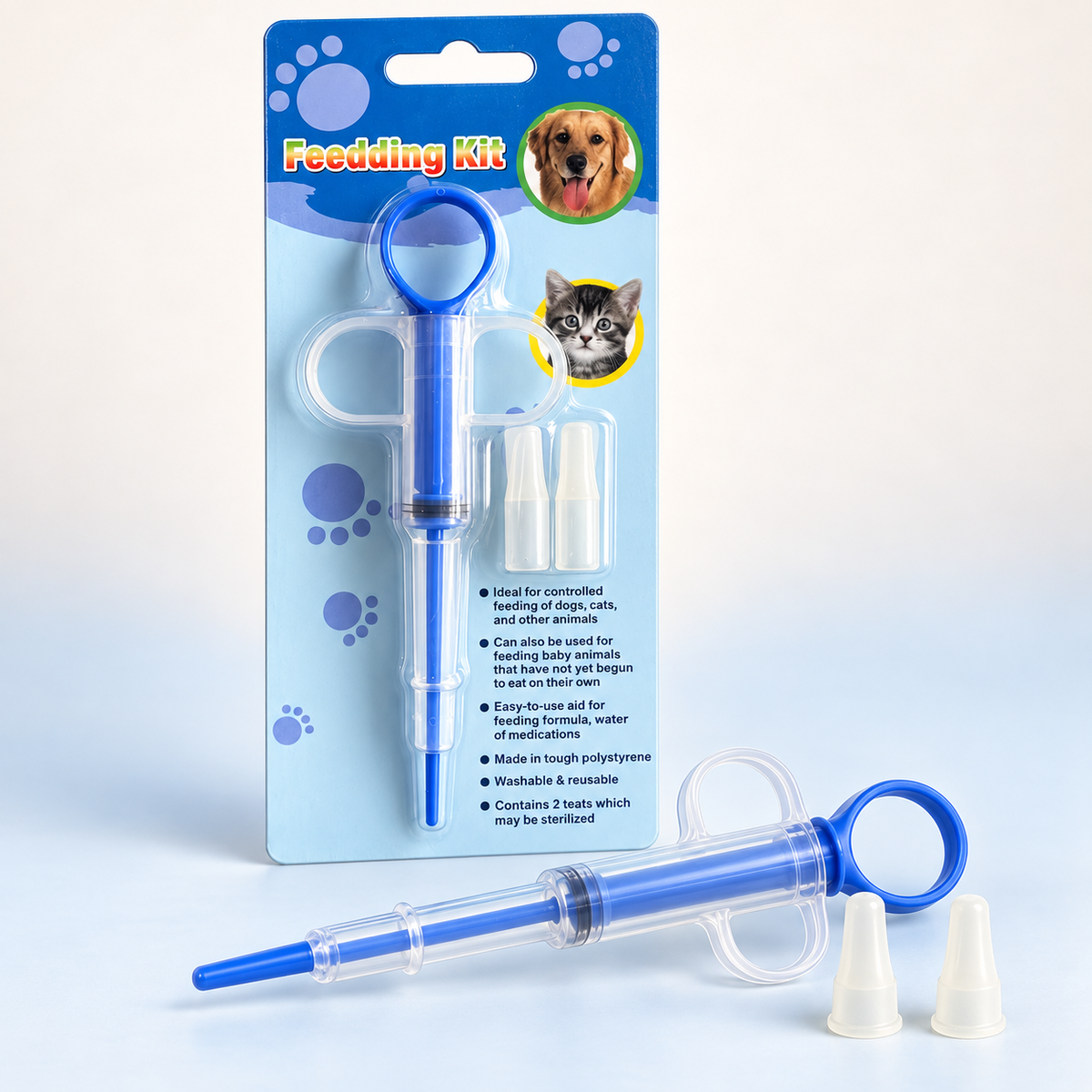 Reusable pet feeding syringe kit with two teats