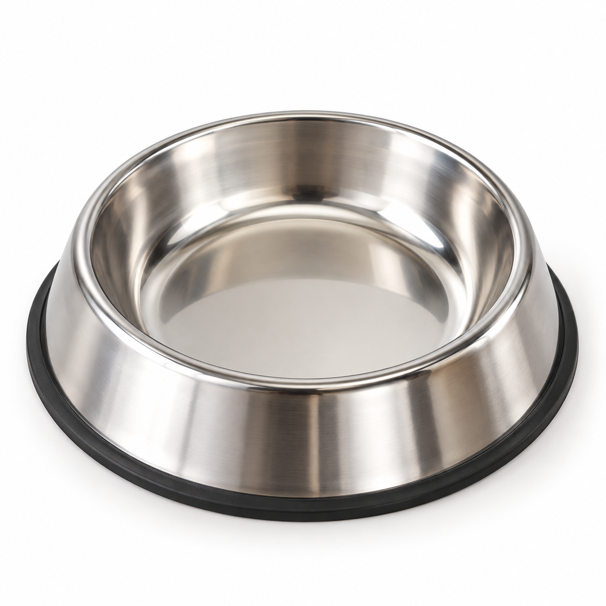Stainless steel pet food and water bowl with black non-slip rubber base