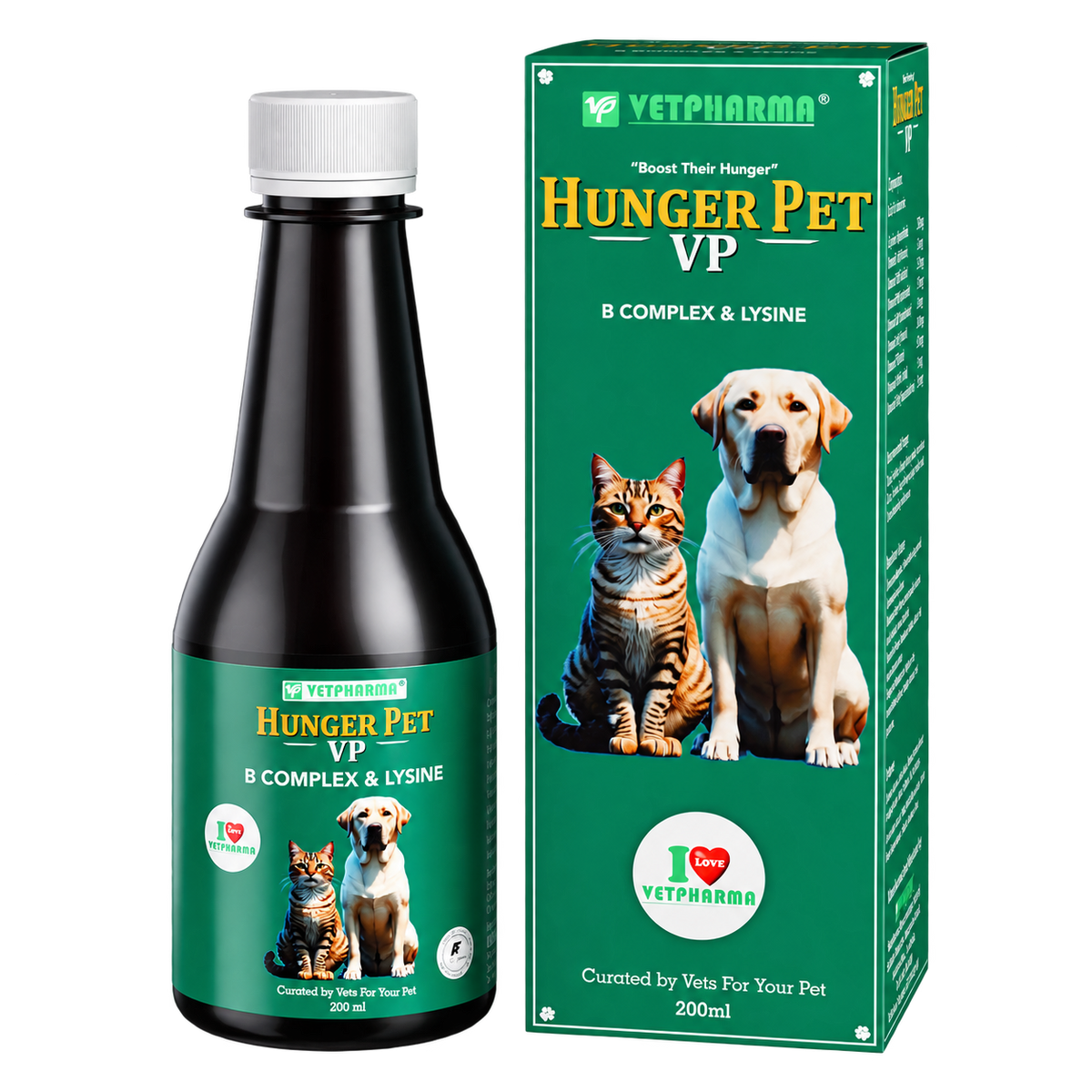 Vetpharma Hunger Pet VP 200 ml bottle and retail box, B-complex and lysine supplement for dogs and cats