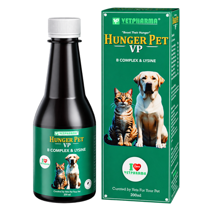 Vetpharma Hunger Pet VP 200 ml bottle and retail box, B-complex and lysine supplement for dogs and cats